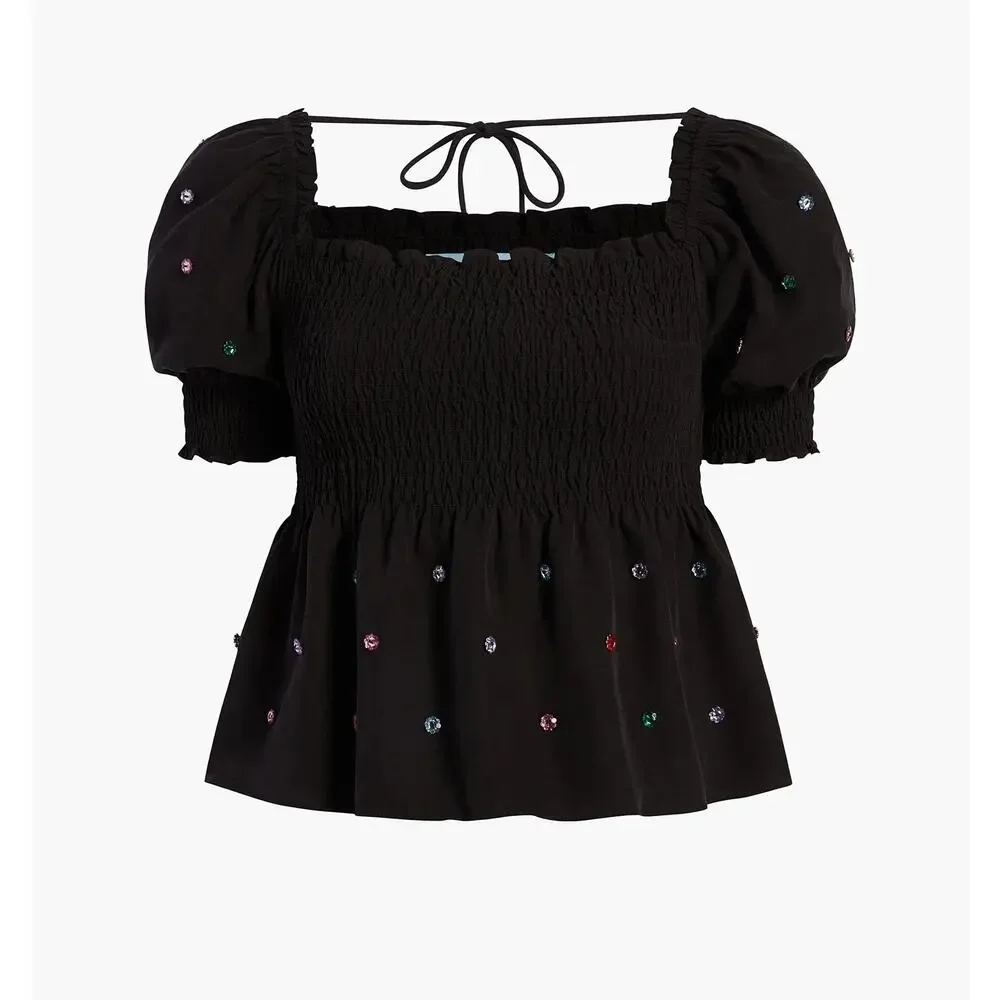 Hill House Home Jewel Jammie Puff Sleeve Smocked Peplum Blouse Top Black Small